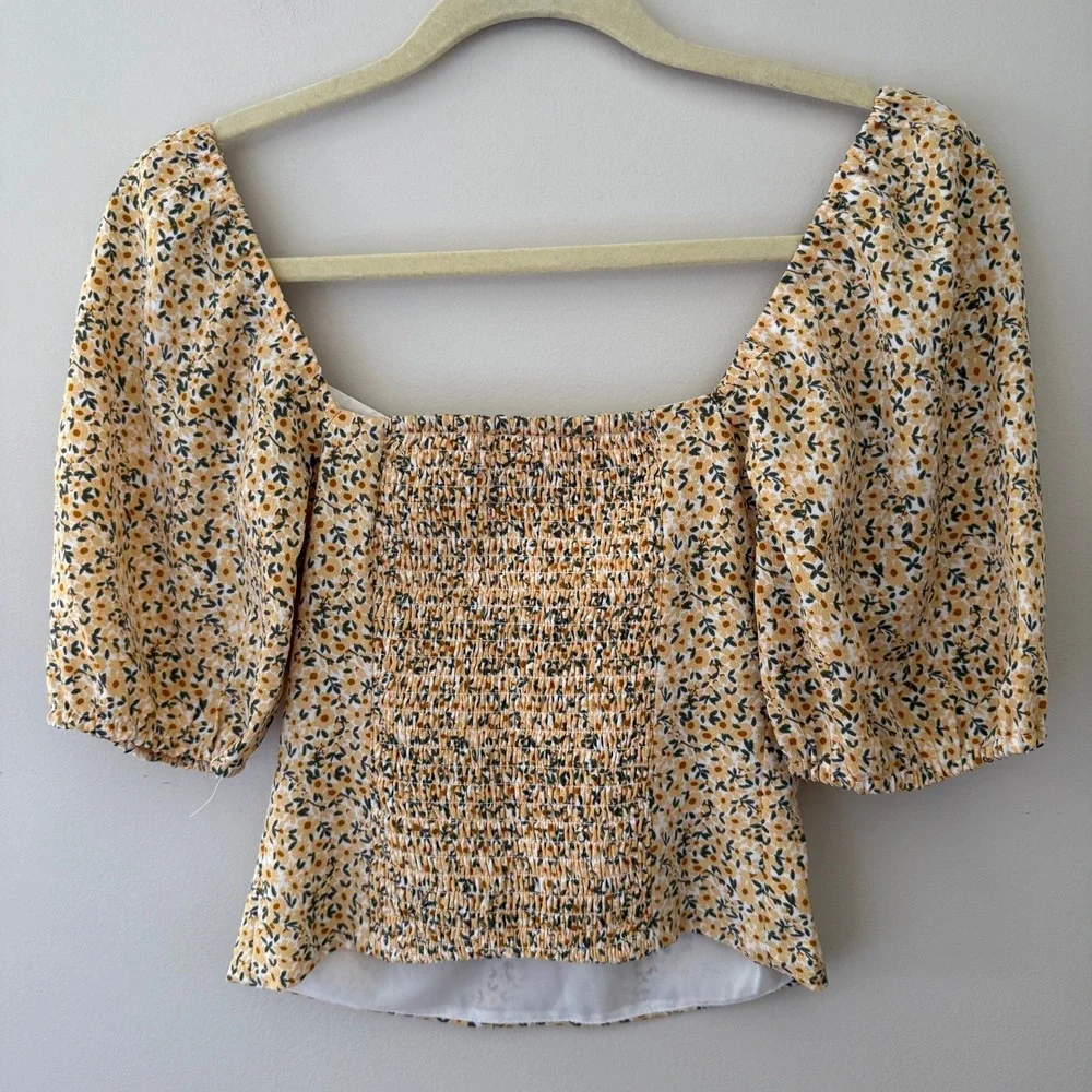 Abercrombie & Fitch Yellow Floral Puff Sleeve Smocked Back Top NWT XS - Picture 4 of 6